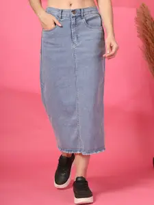 plusS Women Denim Straight A-Line Midi Skirt