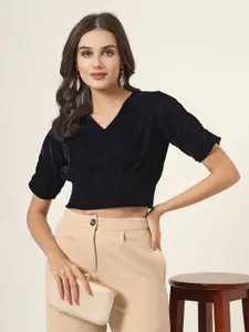 Style Quotient Puff Sleeve Velvet Crop Top