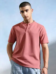 HIGHLANDER Men Henley Collar Knitted Textured Relaxed Fit Tshirt