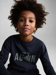 Mango Kids Boys Typography Print Drop-Shoulder Sleeves Pure Cotton T-shirt