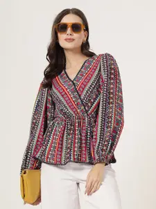 Style Quotient Geometric Print Bishop Sleeves Lace Top