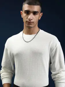 HIGHLANDER Men Round Neck Knitted Textured Relaxed Drop Shoulder Sweatshirt