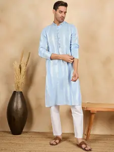 House of Pataudi Woven Design With Embroidered Mandarin Collar Straight Kurta