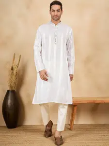 House of Pataudi Woven Design With Embroidered Mandarin Collar Straight Kurta