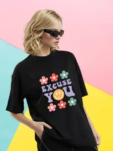 Slenor Typography Printed Round Neck Short Sleeves Cotton Applique Oversized T-shirt