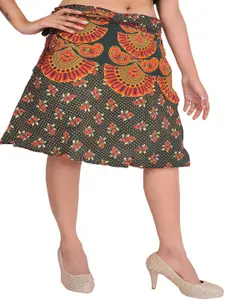 Exotic India Printed Pure Cotton Wrap Knee Length Skirts