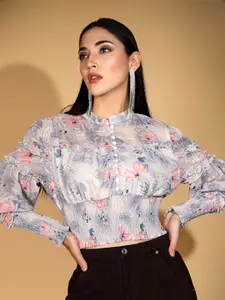 Global Republic Floral Print Mandarin Collar Cape Sleeve Top