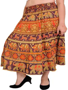 Exotic India Printed Flared Midi Pure Cotton Skirt