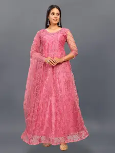 JULEE Embroidered Net Ethnic Maxi Dress With Dupatta