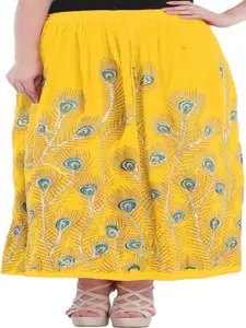 Exotic India Daffodil-Long Printed Embroidered Maxi 
Skirt