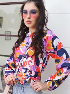 Sera Abstract Printed Boat Neck Puff Sleeve Satin Top