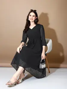 Fashion Basket Puff Sleeve Georgette A-Line Midi Dress