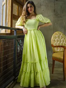 Ziva Fashion Square Neck Puff Sleeves Cotton Maxi Dress