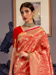 Anouk Red Floral Woven Design Zari Kanjeevaram Saree