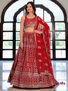 FABPIXEL Embroidered Sequinned Semi-Stitched Lehenga & Unstitched Blouse With Dupatta