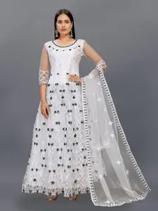 JULEE Embroidered Net Ethnic Maxi Dress With Dupatta