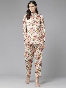 BAESD Floral Printed Mandarin Collar Pure Cotton Top With Trousers Co-Ords