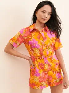 TANDUL Floral Print Short Sleeves Shirt Collar Dress