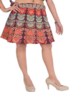 Exotic India Windsor-Wine-Sanganeri Printed Pure Cotton Wrap-Around Mini-Skirt