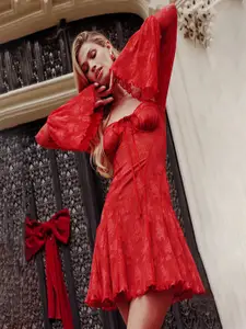 bebe Lace Details Bell Sleeve Fit & Flare Dress