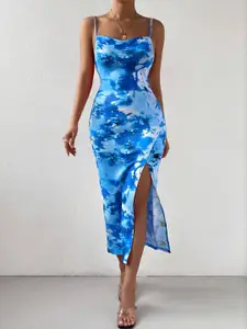 TANDUL Abstract Print Shoulder Straps Sheath Midi Dress