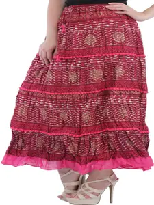 Exotic India Printed Pure Cotton Tired Maxi Skirt