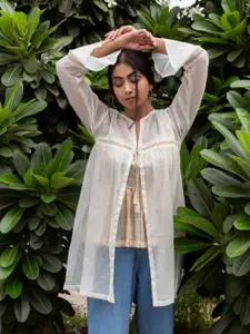 SPARROW Women Checked Tasselled Longline Bohemian Tie-Up Shrug