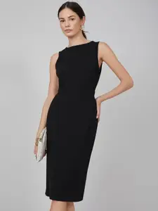 Kotty Black Boat Neck Straight Midi Bodycon Dress