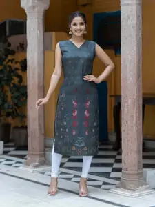 ASPORA Floral Printed V-Neck Straight Kurta