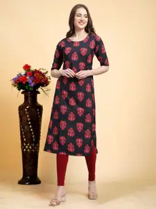 7Threads Floral Printed Round Neck Machine Weave Straight Kurta