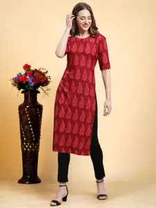 7Threads Floral Printed Round Neck Machine Weave Straight Kurta