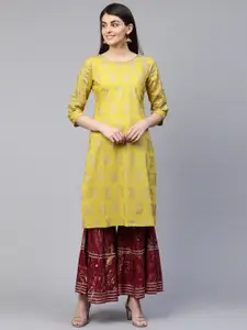 Anouk Lime Green Floral Woven Design Liva Straight Kurta