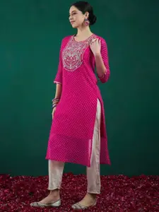 Tulip Eden Leheriya Printed Sweetheart Neck Regular Thread Work Georgette Straight Kurta