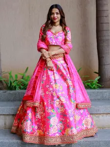 FABPIXEL Printed Sequinned Semi-Stitched Lehenga & Unstitched Blouse With Dupatta