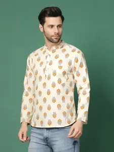 Sangria White Floral Printed Band Collar Regular Pure Cotton Straight Kurta