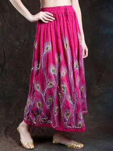 Exotic India Ethnic Motifs Printed & Embroidered Flared Maxi Skirt