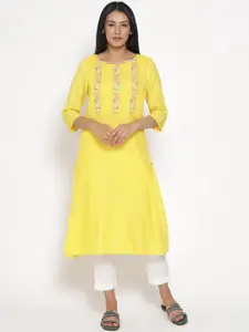 W Floral Yoke Design Round Neck Thread Work A-Line Kurta