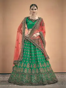 Fusionic Embroidered Satin Semi-Stitched Lehenga & Unstitched Blouse With Dupatta