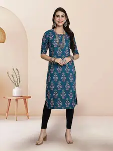 7Threads Floral Printed Round Neck Straight Kurta