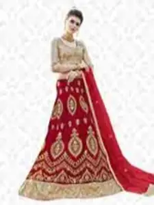 MANVAA Red Embroidered Beads and Stones Semi-Stitched Lehenga & Unstitched Blouse With Dupatta