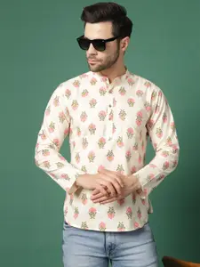 Sangria White Floral Printed Band Collar Regular Pure Cotton Straight Kurta
