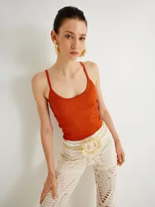 Koton Solid Self Design Shoulder Straps Crop Top