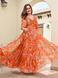 Ziva Fashion Floral Printed Cut-Outs Georgette Maxi Dress