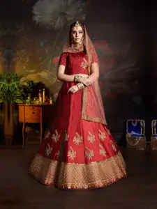 Fusionic Embroidered Satin Semi-Stitched Lehenga & Unstitched Blouse With Dupatta