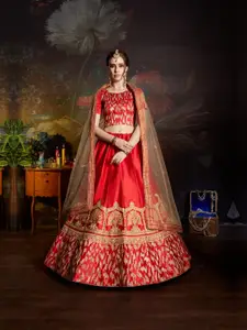 Fusionic Embroidered Satin Semi-Stitched Lehenga & Unstitched Blouse With Dupatta