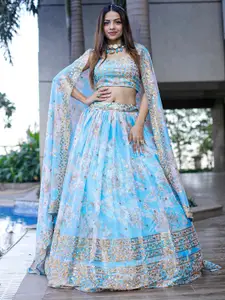 FABPIXEL Embroidered Sequinned Shibori Semi-Stitched Lehenga & Unstitched Blouse & Dupatta
