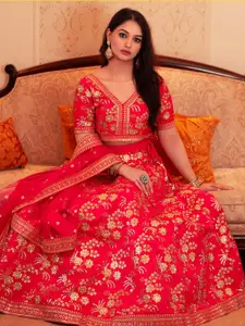 FABPIXEL Embroidered Sequinned Semi-Stitched Lehenga & Unstitched Blouse With Dupatta