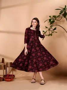 Anouk Maroon Floral Printed Fit and Flare Cotton Ethnic Dress