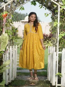 GO BOUJEE Ethnic Motifs Printed Panelled V-Neck Gotta Patti Cotton A-Line Kurta