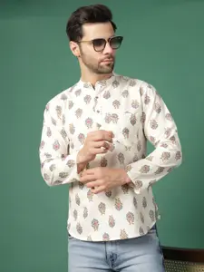 Sangria White Floral Printed Band Collar Regular Pure Cotton Straight Kurta